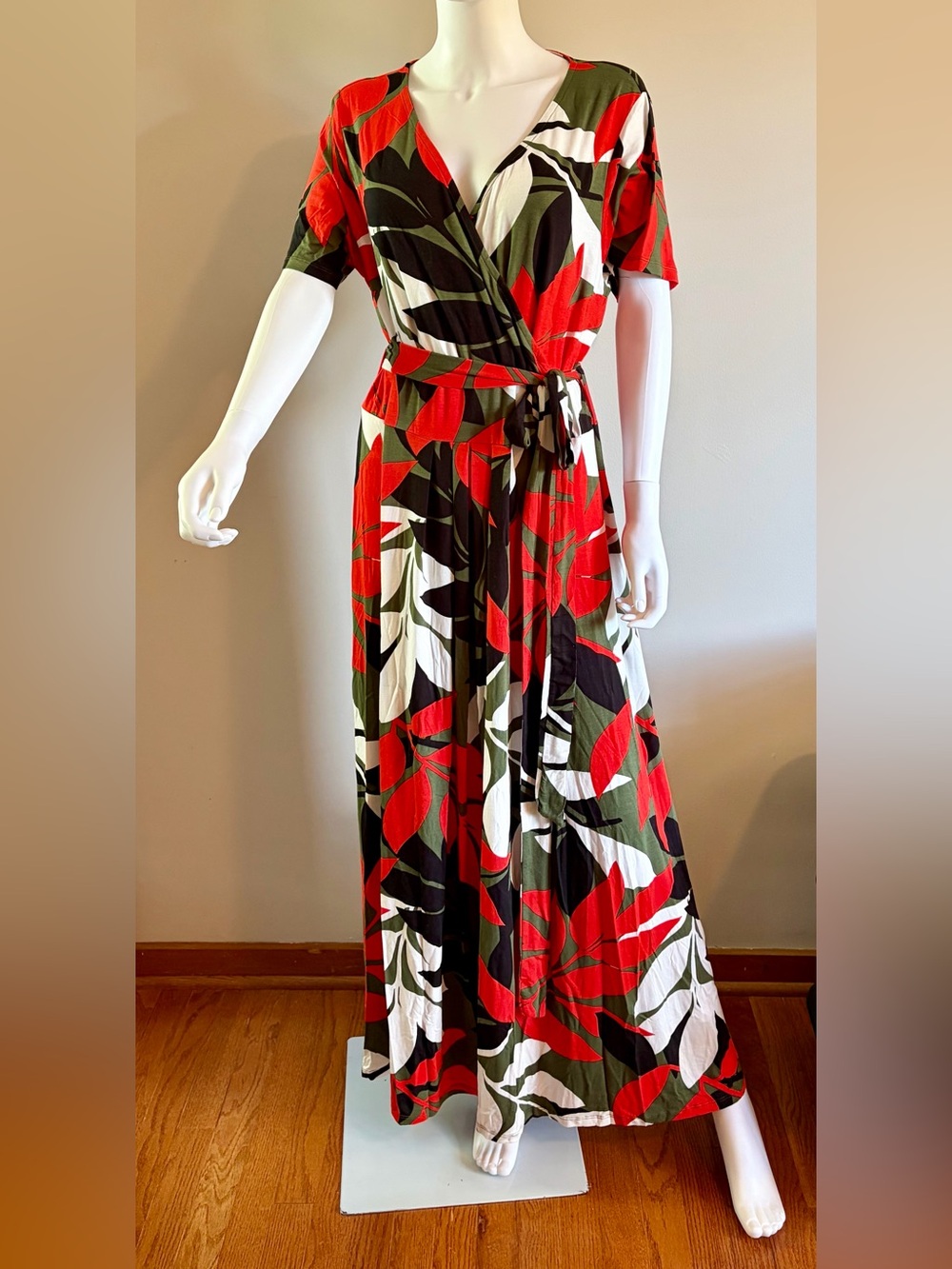 Red & Olive Leaf-Print Wrap Maxi Dress with Tie Waist